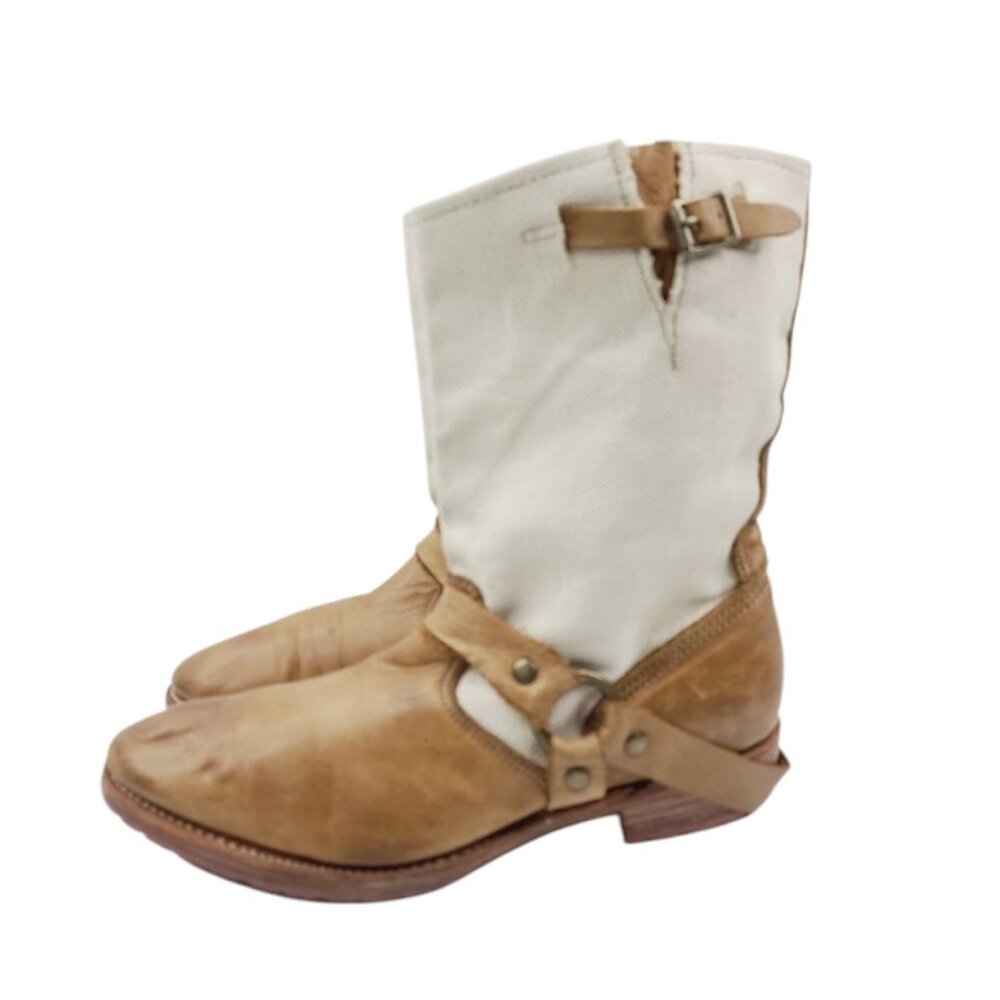 Vintage Women's‎ Tan White Juliet Harness Leather Mid-Calf Moto Boot Size 9